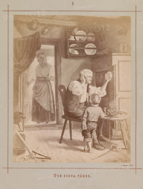 The sixth day, Photo reproduction of a painting by Karl Emanuel Jansson, depicting a man and a boy looking at an empty bottle held by the man, photograph, reproduction, page, inscription: 'Düsseldorf 1869.', number: 'I', photographer: Daniel Nyblin, after painting by Karl Emanuel Jansson, c. 1870 - in or before 1880, paper, albumen print, height 174 mm x width 138 mm, picture, painting, interior of the house, container of glass: bottle, jar, vase, An indoor scene rendered in muted tones shows an older man seated on a chair beside a small round table, holding up a small object and supporting his head with his other hand, while a young child stands facing him holding a toy in one hand. A table nearby holds a bowl of fruit and a small cup, and a cabinet with dishes and cups on a shelf is visible on the wall behind them. To the left, a doorway draped with a curtain reveals a woman standing in the threshold holding a shallow bowl. The floor shows scattered tools and a skateboard-like object...