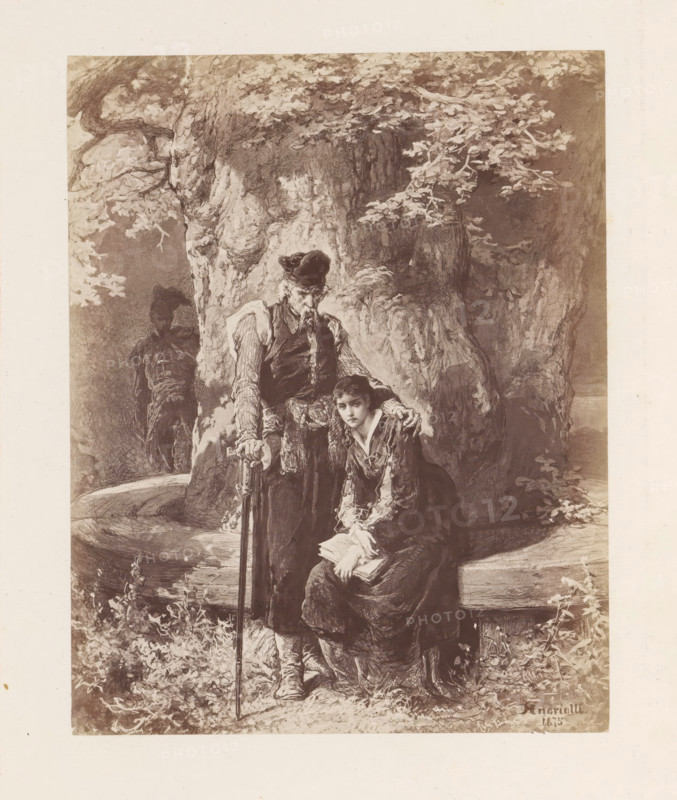 Photo reproduction of a painting depicting an old man with a woman sitting in front of a tree with a book, behind the tree a man watches, photograph, reproduction, page, inscription: '(so stra. 10). Przy nim mloda niewiasta - czemuz, kiedy mloda, Tak zamglonym promieniem swieci jéj uroda? Ni ja ubiór udatny, ni ja stroja kwiaty, Czarne oczy spuszczone, i zalobne szaty.', photographer: Konrad Brandel, after painting by Michal Elwiro Andriolli, c. 1875 - in or before 1876, paper, albumen print, albumendruk, height 189 mm x width 149 mm, reading, trees, old man, A monochrome illustration showing an older man standing with a cane and a younger woman seated beside him under a large tree; the man wears a hat and layered clothing and rests one hand on the woman's shoulder while the woman holds a book in her lap and looks forward; the tree behind them has textured bark and leafy branches extending overhead, and there is foliage and ground cover around their feet with a stone bench beside them.