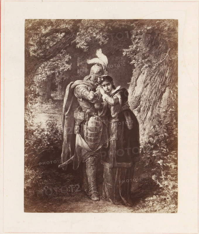 Photo reproduction of a painting depicting a knight and a woman on a forest path, photograph, reproduction, page, inscription: '(so stra. 24). Maryo! czys ty nie chora? bo masz taka postac, Jakbys sie, do Aniolów myslala juz dostac, I w nowém udreczeniu, choc sie toba pieszcze, Prawie sie spytac pragne - czy mnie kochasz jeszcze?', photographer: Konrad Brandel, after painting by Michal Elwiro Andriolli, c. 1875 - in or before 1876, paper, albumen print, albumendruk, height 187 mm x width 148 mm, adult woman, forest path or lane, knight, A monochrome illustration shows a scene set against dense foliage and a large tree trunk, with a figure in ornate armor wearing a plumed helmet and a long cloak embracing a second figure in a dark dress with a high collar; the armored figure has detailed plate armor and decorative belt elements, while the other figure leans into the embrace with a hand raised to the armored figure’s shoulder and an expression visible on the face; surrounding them are le...