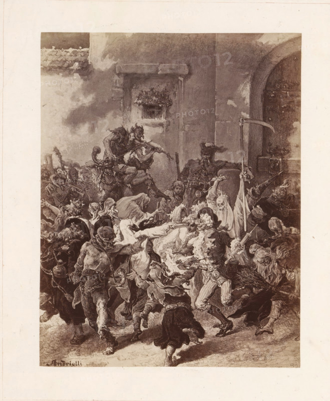 Photo reproduction of a painting probably depicting a party with a devil playing the violin and a personification of death with a scythe, photograph, reproduction, page, inscription: '(so stra. 33). Tak mu w szumiacéj glowie mysl wziela tancowac, ze patrzal, a nie wiedzial jak sie pomiarkowac. Smial sie z Zydow, Cyganek, bal Wrozek z Djablami, I chciwie lapal ruchy - i mruzyl oczami.', photographer: Konrad Brandel, after painting by Michal Elwiro Andriolli, c. 1875 - in or before 1876, paper, albumen print, albumendruk, height 187 mm x width 146 mm, festivities, A densely detailed black and white illustration fills a rectangular central area surrounded by a wide pale margin, showing a chaotic scene of many figures in dynamic poses. In the foreground a crowd of people and fantastical figures jostle and stagger, wearing a variety of hats, ruffled clothing, and armor, with some faces contorted and others masked or skeletal; one tall thin figure holds a long scythe upward while another nea...