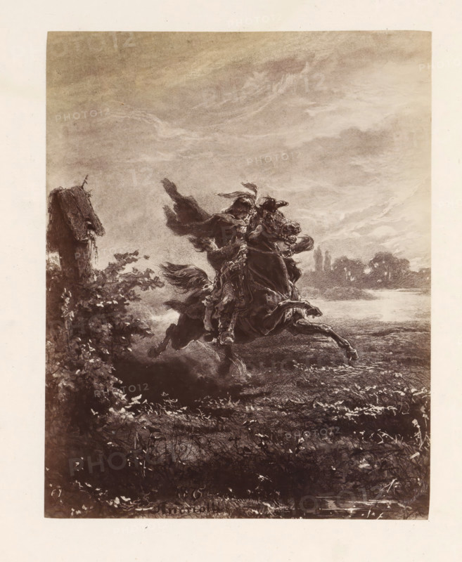 Photo reproduction of a painting depicting a rider on horseback, photograph, reproduction, page, inscription: '(do str. 62). Objal rycerza iw czwal polecieli', photographer: Konrad Brandel, after painting by Michal Elwiro Andriolli, c. 1875 - in or before 1876, paper, albumen print, albumendruk, height 189 mm x width 150 mm, riding a horse, ass, or mule, rider, horseman, A monochrome scene shows a rider on a rearing horse near the center, the rider wearing a flowing cloak that billows behind and obscures parts of the figure, the horse captured in motion with raised forelegs and visible tack. To the left, dense foliage and a rough wooden post or stump appear at the edge of the frame. The background features a wide sky with sweeping cloud formations and a distant tree line along a calm body of water. The foreground contains textured grasses and low plants with darker shadows toward the bottom of the image.
