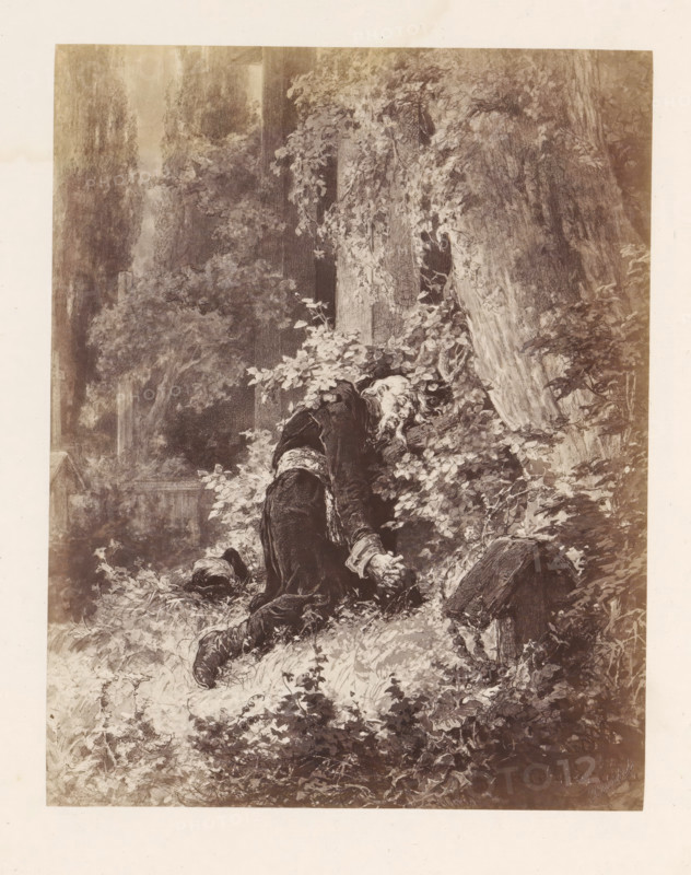 Photo reproduction of a painting depicting an old man leaning against a tree in a forest, photograph, reproduction, page, inscription: '(do str. 64). tylko ze gdy trwogi odglos z traby wojennej dochodzil daleki, nie porwal sie korda - juz spal - spal na wieki.', photographer: Konrad Brandel, after painting by Michal Elwiro Andriolli, c. 1875 - in or before 1876, paper, albumen print, albumendruk, height 189 mm x width 148 mm, forest, wood, old man, A monochrome illustration shows a wooded scene with dense foliage and large tree trunks, leaves and vines filling much of the frame, and undergrowth covering the ground. A figure clad in dark, old-fashioned clothing kneels among the plants, head bowed and leaning against a tree trunk, with long hair and a visible hand resting on the earth. Nearby a booted leg extends behind the figure and a rounded object lies on the ground beside them. A weathered wooden grave marker protrudes from the undergrowth and is partly covered by vines. The backgro...