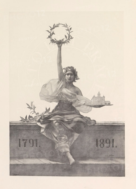 Photo reproduction of a drawing, (presumably) depicting a personification of the Czech Republic with a laurel wreath, reproduction, page, photomechanical print, cliché maker: Carl Bellmann, Prague, after drawing by YK Mašek, c. 1888 - in or before 1893, photographer, paper, autotypie, height 248 mm x width 175 mm, crowning with laurel, personification of a city, town-patron(ess), A grayscale illustration of a seated woman in flowing drapery with one arm raised upward holding a circular wreath of leaves and the other arm extended to the side supporting a small architectural model, a leafy branch resting beside her on a ledge, her head adorned with foliage and her expression neutral, her legs draped over the edge of the ledge with one bare foot visible, a wide stone plinth beneath her with sculpted recesses and shading.