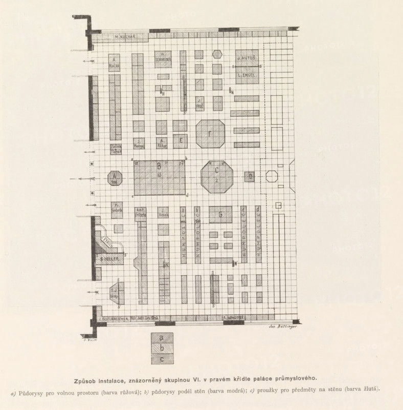 Right wing of the Industrial Palace on the Výstavište in Prague, Pohled do pravého kridla prumyslového paláce po ukonceni instalace, page, photomechanical print, Výstavište, cliché maker: Carl Bellmann, Prague, c. 1888 - in or before 1893, photographer, paper, autotypie, height 130 mm x width 190 mm, temporary exhibition, 'Salon', interior, representation of a building, A sepia-toned architectural floor plan oriented vertically on the page with a grid overlay and hatched rectangular and octagonal room shapes, narrow hatched corridors and various small filled and outlined blocks arranged in rows and columns, thick dark border walls along the left and top edges, a detached shaded square block near the bottom center, and faint printing at the very bottom edge.