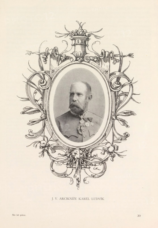 Portrait of Archduke Charles Louis of Austria, JV Arciknize Karel Ludvik, page, photomechanical print, Výstavište, clichémaker: Carl Bellmann, Prague, c. 1891 - in or before 1893, photographer, paper, autotype, height 100 mm x width 69 mm, Person, Charles Louis (Archduke of Austria), ruler, sovereign, A monochrome portrait of a bearded man in an oval frame surrounded by ornate decorative floral and ribbon-like linework with a decorative urn at the top and a sculpted face and drapery at the bottom, the man wearing a uniform with medals and a high collar, all centered on a light background.