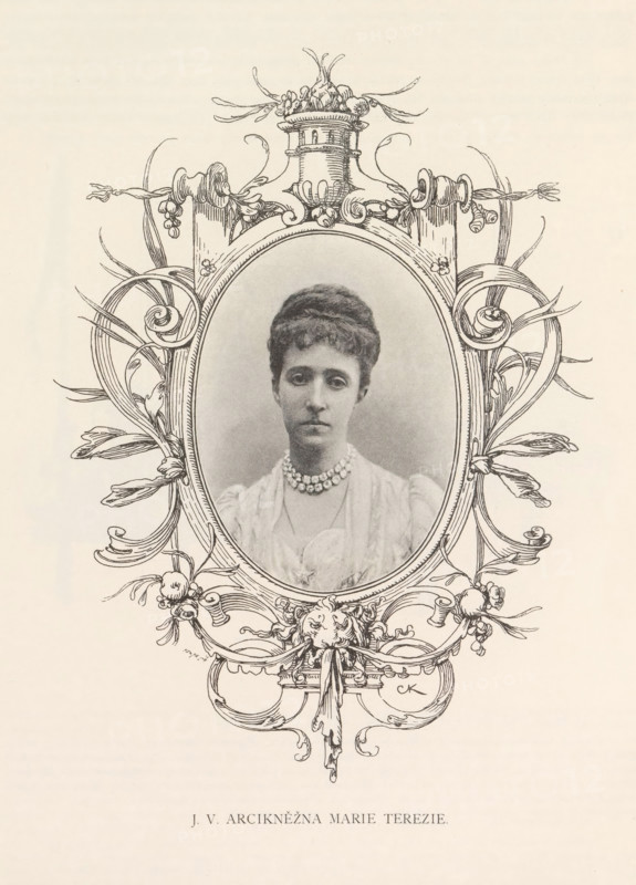 Portrait of Archduchess Maria Theresia of Bragança, JV Arciknezna Marie Terezie, page, photomechanical print, cliché maker: Carl Bellmann, Prague, c. 1888 - in or before 1893, photographer, paper, autotypie, height 110 mm x width 81 mm, Person, Maria Theresia van Bragança, ruler, sovereign - BB - female ruler, A sepia-toned portrait of a woman enclosed within an ornate oval frame featuring flowing floral and ribbon-like decorative elements and a vase-like ornament at the top; the woman has short styled hair, a calm neutral expression, and wears a layered dress with a multi-strand beaded necklace, all set against a plain background with decorative scrollwork extending around the oval.
