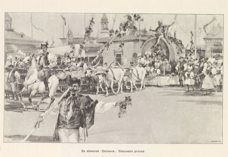 Ze slavnosti, Docesné' Slavnostní pruvod, Photographic reproduction of a painting, representing a parade for the Harvest Festival, reproduction, page, photomechanical print, Prague, cliché maker: Carl Bellmann, after painting by anonymous, c. 1891 - in or before 1893, Carl Bellmann, photographer, cliché maker, after painting by, paper, autotype, height 266 mm x width 159 mm, harvest festivities (parade, pageant, cavalcade, festive activities), A monochrome scene shows a crowded outdoor procession with a foreground man in traditional attire holding a long pole and a small bouquet, a line of oxen yoked to a decorated cart behind him, a mounted rider on a horse to the left, and a group of people in period clothing gathered around and on a large circular wagon feature, with women wearing head coverings and dresses and men in vests and hats; buildings with towers and awnings form the background and long garlands drape across the scene.
