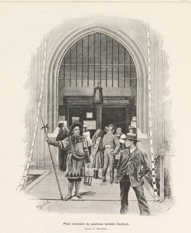 Pred vchodem do pavilonu turistuv ceských, Photo reproduction of a drawing depicting a view of the entrance to the pavilion of the Czech Walking Club in Prague, reproduction, page, photomechanical print, Prague, cliché maker: Carl Bellmann, after drawing by anonymous, c. 1891 - in or before 1893, photographer, paper, autotypie, height 202 mm x width 157 mm, gate, entrance, A grayscale illustration of a large arched doorway with a tall window of vertical panes above a set of double doors and a hanging lantern, flanked by two vertical ladders attached to the surrounding wall; in front of the entrance a group of people stand and converse, including a central figure in historical attire holding a long staff and a lantern, a man in a suit and hat standing with one hand in his pocket, and several others in period clothing clustered near the doorway.