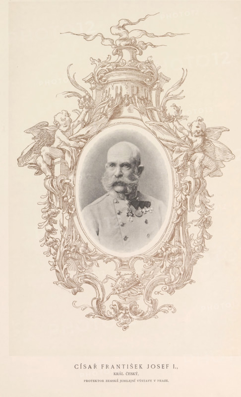 Císar František Josef I, Portrait of Emperor Franz Joseph I of Austria, page, photomechanical print, cliché maker: Carl Bellmann, Prague, c. 1888 - in or before 1893, photographer, paper, autotype, height 102 mm x width 77 mm, Person, Franz Joseph I Karl (Emperor of Austria), emperor, An oval photographic portrait of an older man with a bald head, prominent facial hair, and a decorated military-style jacket is set within an ornate decorative frame featuring flowing scrollwork, floral motifs, and two cherubic figures on either side; the frame includes a crown-like element at the top and intricate carved details surrounding the portrait, all rendered in a sepia-toned illustration against a pale background.