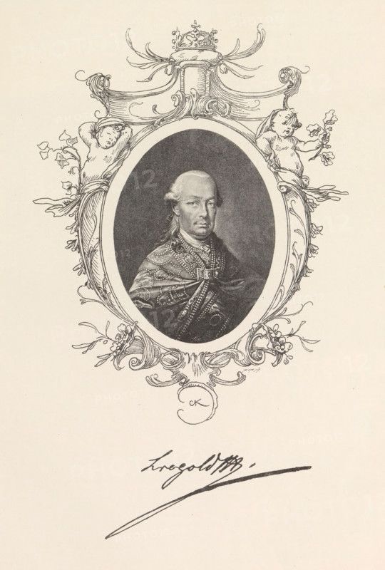 Photo reproduction of a drawing, depicting a portrait of Emperor Leopold II, reproduction, page, photomechanical print, inscription: 'Leopold...', cliché maker: Carl Bellmann, Prague, after drawing by anonymous, c. 1888 - in or before 1893, photographer, paper, autotype, height 104 mm x width 80 mm, Person, Leopold II (Emperor of Austria), emperor, An oval portrait of a man with powdered hair and a cloak decorated with ornate patterns is centered within an elaborate decorative frame featuring floral scrollwork, two reclining cherub-like figures on either side holding branches, and a crown-like ornament at the top; the portrait area has a dark textured background while the surrounding frame is rendered in fine linework on a light paper, and below the frame there is a sweeping inked flourish.