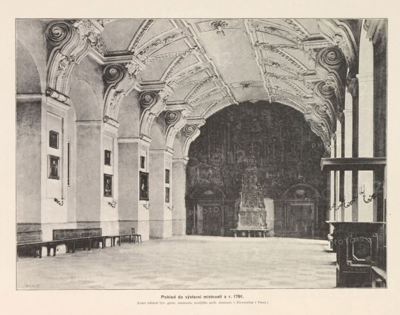 Pohled do vystavni mistnosti z r. 1791, Interior of the Clementinum in Prague, page, photomechanical print, Clementinum, cliché maker: Carl Bellmann, Prague, c. 1888 - in or before 1893, photographer, paper, autotypie, height 190 mm x width 258 mm, permanent exhibition, museum, interior, representation of a building, A large interior space with a high vaulted ceiling decorated with ornate curved moldings and sculpted details, a row of tall arches along one side, framed paintings mounted on the walls between the arches, long wooden benches and a few chairs lined against the wall, wall-mounted candle sconces, a dark recessed area at the far end containing a tall decorative sculpted structure on a raised base, and a wooden partition with paneling visible on the right edge.