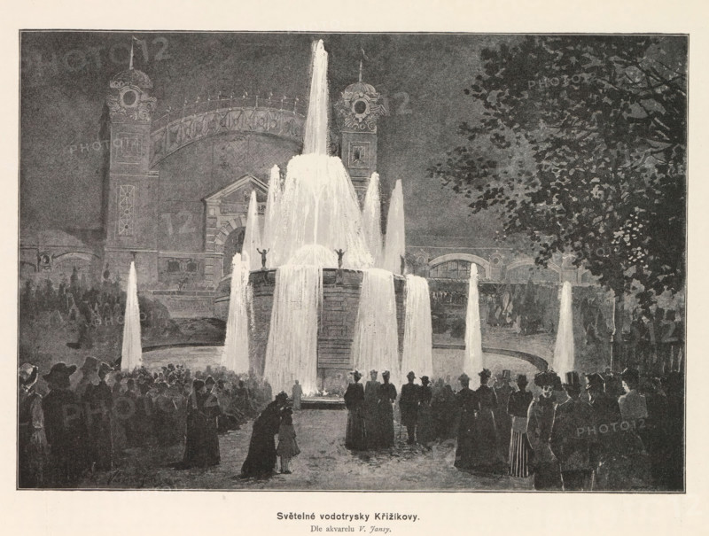 Svetelne vodotrysky Krizikovy, Photo reproduction of a drawing depicting illuminated fountains on the Výstavište in Prague, reproduction, page, photomechanical print, Výstavište, cliché maker: Carl Bellmann, Prague, after drawing by anonymous, c. 1888 - in or before 1893, photographer, paper, autotypie, height 177 mm x width 253 mm, ornamental fountain, A large illuminated fountain with multiple vertical jets and cascading tiers stands in the center of a crowded nighttime scene, bright water contrasting against a dark sky and silhouetted onlookers gathered around its circular basin; behind the fountain an ornate building facade with arched openings and decorative towers is partially visible, and leafy tree branches extend into the upper right portion of the image.
