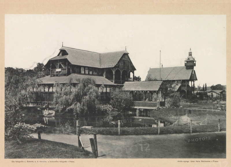 Pohled na pavillony rybárský, lesnický a lovecký vseobecné zemské jubilejní výstavy v Praze r. 1891, Exterior of the fishing, hunting and forestry pavilion in Prague, page, photomechanical print, photographer: Heinrich Eckert, Výstavište, cliché maker: Carl Bellmann, Prague, 1891, paper, collotype, photoprint, height 173 mm x width 262 mm, temporary exhibition, 'Salon', facade (of house or building), A large wooden building with steep shingled roofs and covered balconies stands beside a pond, surrounded by trees and shrubbery, with a covered walkway and an adjacent tower-like structure topped by a small cupola; a grassy bank and a fence run along the water’s edge, a small rowboat is on the pond near the building, and reflections of the structure and vegetation appear in the water.