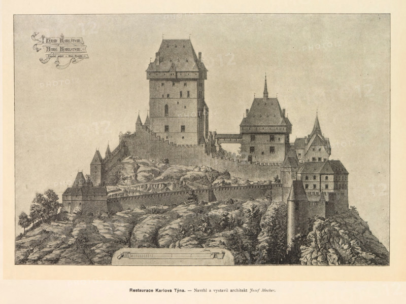 Restaurace Karlova Týna, Photographic reproduction of a print depicting the exterior of Karlstein Castle, reproduction, page, photomechanical print, cliché maker: Carl Bellmann, Prague, after print by anonymous, c. 1891 - in or before 1895, photographer, after print by, paper, autotype, height 174 mm x width 258 mm, castle, façade (of house or building), Karlstein Castle, A detailed ink drawing of a fortified hilltop complex with tall stone towers, steeply pitched roofs, and a span connecting two buildings, surrounded by crenellated walls and rocky terrain with scattered trees and shrubs, showing multiple turrets, a round tower at the cliff edge, stepped defensive walls following the slope, and clustered houses within the walls under a plain sky.