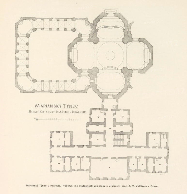 Marianský Týnec u Královic. Bývalý cisterciácky klaster, dostafý podle planu K. Dienzenhofferových (Ny ni ve zriceninách), Photo reproduction of a drawing depicting an exterior of the Mariánská Týnice, reproduction, page, photomechanical print, Prague, cliché maker: Carl Bellmann, after drawing by anonymous, c. 1891 - in or before 1895, photographer, paper, autotypie, height 181 mm x width 205 mm, abbey, monastery, convent, Roman Catholic church, Bohemia, Mariánská Týnice, A detailed architectural floor plan drawn in light sepia tones showing an orthogonal layout with thick shaded wall outlines and interior room divisions, featuring a large rectangular courtyard area bordered by colonnade-like passages on one side and a complex cruciform section with rounded chambers and oval central spaces on the other, stair symbols and small circular features at several junctions, numerous rectangular and square rooms arranged symmetrically below the main plan, and fine hatching used to indicate wal...