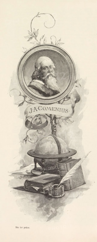Photo reproduction of a drawing, depicting a portrait of Jan Amos Comenius above a globe and books, reproduction, page, photomechanical print, Prague, cliché maker: Carl Bellmann, c. 1891 - in or before 1895, photographer, after drawing by, paper, autotypie, height 263 mm x width 112 mm, Person, Jan Amos Comenius, globe, book, writer, poet, author, A vertical monochrome illustration showing an oval framed portrait of an elderly man with long hair and a flowing beard, surrounded by decorative leaves and curling vines, below which a ribbon wraps around a staff rising from a tabletop scene that includes a spherical globe on a stand, stacked books, a quill resting in an inkwell, and scattered papers, all rendered in detailed pencil or ink shading.