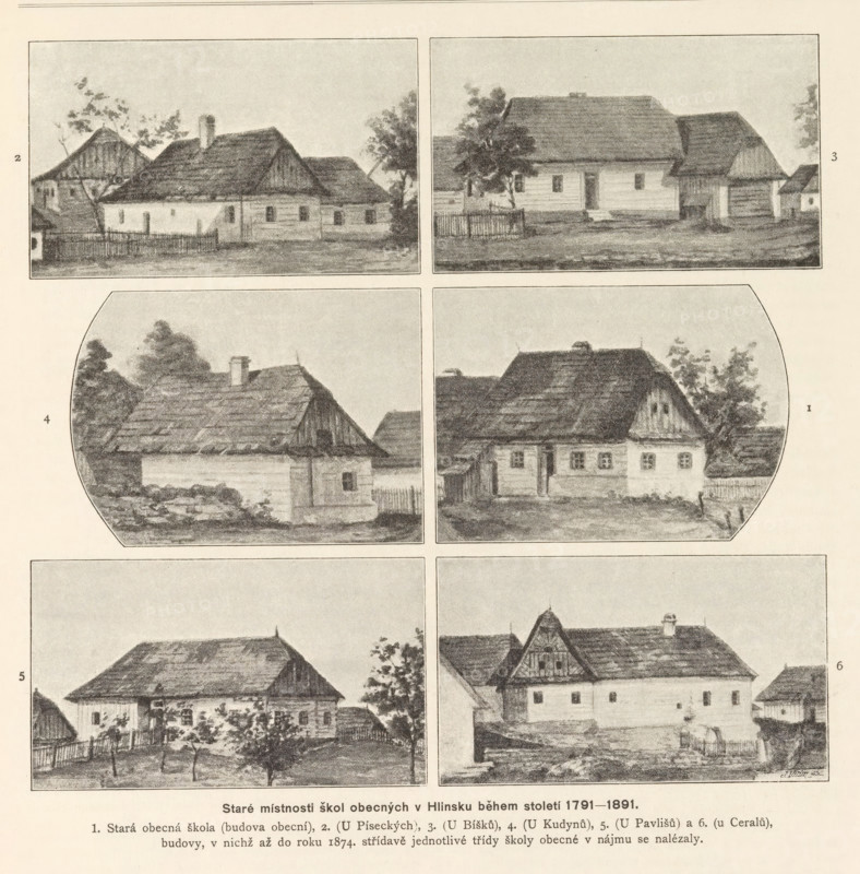 Staré mistnosti skol obecných v Hlinsku behem stoleti 1791-1891, Six photo reproductions of paintings, representing the exteriors of school buildings in Hlinsko, reproduction, page, photomechanical print, Prague, cliché maker: Carl Bellmann, after painting by anonymous, c. 1891 - in or before 1895, photographer, paper, autotype, height 390 mm x width 290 mm, Prints on page 524., elementary school, class, form, façade (of house or building), A vertically oriented page shows a grid of rectangular and rounded-corner grayscale vignettes depicting simple rural buildings with pitched thatched or shingled roofs, small windows, doors, fences, trees, and patches of ground; the top row contains two side-by-side rectangular scenes of houses with chimneys, a small fenced yard, and scattered trees, the middle row presents two rounded-corner scenes of similar cottages with visible roof textures and surrounding foliage, and the lower row displays two rectangular scenes of larger multi-windowed buildi...