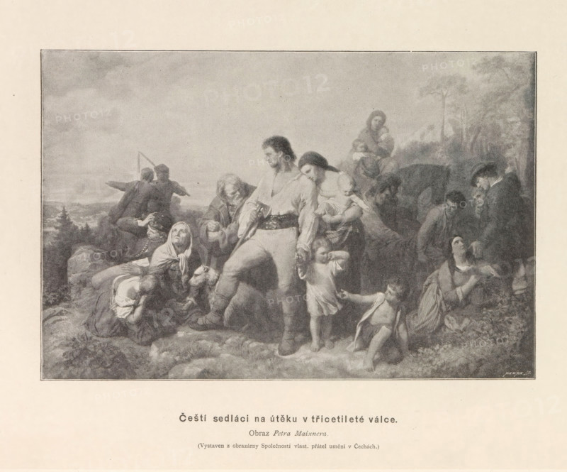Photo reproduction of a painting depicting Bohemian peasants fleeing the Thirty Years' War, Cesti sedláci na úteku v tricetileté válce, reproduction, page, photomechanical print, Prague, cliché maker: Carl Bellmann, after painting by Petr Maixner, c. 1891 - in or before 1895, Carl Bellmann, Petr Maixner, photographer, cliché maker, after painting by, paper, autotypie, height 106 mm x width 110 mm, farmers, consequences of war, A grayscale illustration framed within a rectangular border shows a group of people gathered on rocky ground with a distant landscape and cloudy sky behind them. In the foreground a man stands wearing loose clothing and a wide belt, holding a small child by the hand while a woman beside him cradles another child and leans on his arm. Around them are seated and kneeling figures including an older woman with a headscarf looking upward, a child reaching toward the standing man, and other adults and children in varied poses of rest or attention. To the left two figur...