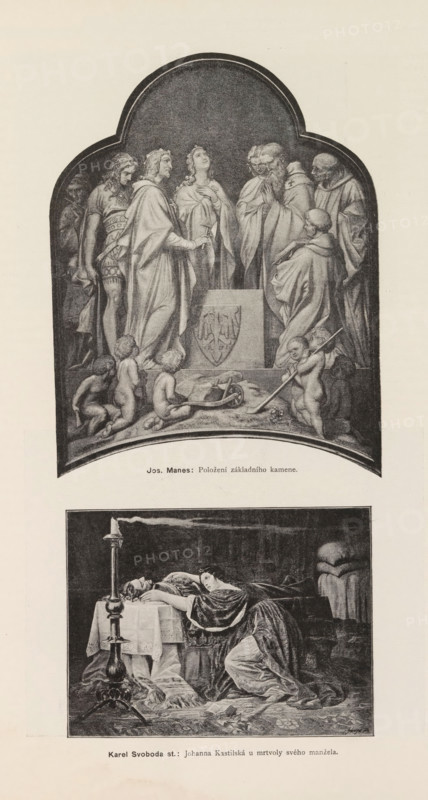 Karel Svoboda st, Two photoreproductions of paintings, depicting the laying of the foundation stone of a building and Joanna of Castile at the body of Philip I of Castile, Jos. Manes, reproduction, page, photomechanical print, Prague, cliché maker: Carl Bellmann, after painting by Josef Mánes, after painting by Karel Svoboda, c. 1891 - in or before 1895, photographer, paper, autotype, height 390 mm x width 290 mm, Prints on page 584., Person, Joanna of Castile, Philip the Handsome (Duke of Burgundy), king, queen, mourning customs, ceremonial laying of the foundations, laying the first stone, A tall arched monochrome illustration shows a group of robed and clothed figures gathered around a central raised stone with an ornate shield relief, with three standing figures in the center including a woman with hands near her chest and two men in flowing robes, flanked by older bearded men and a soldier in patterned armor, while cherubic nude children kneel and play at the stone's base holding ...
