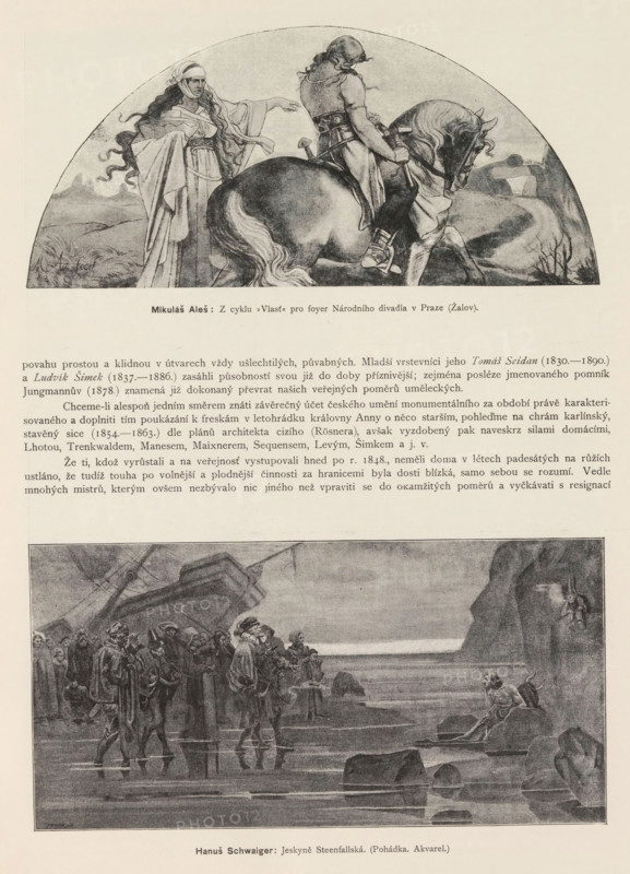 Mikulas Ales, Hanus Schwaiger, Two photoreproductions of paintings, depicting a woman showing a man on horseback the way and Willem seeing the ghostly apparitions of the crew of the Carmilhan in front of the Steenfoll cave, reproduction, page, photomechanical print, Prague, cliché maker: Carl Bellmann, after painting by Mikoláš Aleš, after painting by Hanuš Schwaiger, c. 1891 - in or before 1895, photographer, paper, autotypie, height 390 mm x width 290 mm, Prints on page 596., riding a horse, ass, or mule, rider, horseman, materialization, appearance of spirit or ghost, ghost-ship, spectral ship, A half-round illustration at the top shows a robed woman with long flowing hair and draped garments standing beside a mounted figure in armor on a horse, set against a landscape with rolling hills and a winding path; below this image is a block of printed text, and beneath that a large rectangular illustration depicts a crowd of robed and cloaked figures standing in shallow water near rocky s...