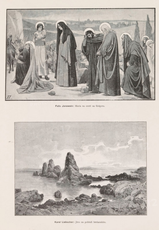 Two photo reproductions of paintings, depicting Mary on the road to Golgotha and a view of the coast in Istria, Felix Jenewein, Karel Liebscher, reproduction, page, photomechanical print, Prague, cliché maker: Carl Bellmann, c. 1891 - in or before 1895, photographer, paper, autotypie, height 390 mm x width 290 mm, Prints on page 598., bystanders at the foot of the cross, among whom Mary, Mary Magdalene and John the Evangelist, Mary may be shown swooning, rocky coast, A grayscale illustration showing a group of robed figures standing and kneeling within a framed rectangular scene at the top of the page; most figures wear long flowing garments and cloaks and several have circular halos around their heads, with some figures bowing or covering their faces and others standing with hands clasped or at their sides, while a distant landscape with buildings and tall slender trees stretches across the background and a crowd of smaller figures and a mounted rider appears behind the central group.