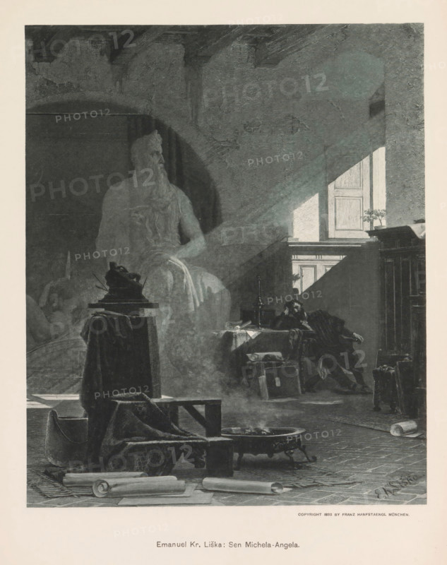 Photo reproduction of a painting depicting Michelangelo in his studio, Emanuel Kr. Liska: Sen Michela-Angela, reproduction, page, photomechanical print, Prague, cliché maker: Carl Bellmann, after painting by Emanuel Krescenc Liška, c. 1891 - in or before 1895, photographer, paper, collotype, light print, height 243 mm x width 203 mm, workshop interior, artist (in general), A dimly lit interior shows a seated man slumped back in a chair near a table cluttered with papers and a small box, with a shaft of light coming through a partially open window that illuminates part of a wall and a small potted plant on the windowsill; in the foreground there are rolled parchments, a low bench draped with fabric, and a brazier with smoke rising from it, while a translucent large statue-like figure of a bearded man appears behind a covered pedestal topped with a sculpted object, set beneath an arched ceiling with visible beams.