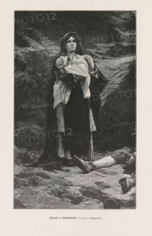 Rudolf z Ottenfeldu, Photographic reproduction of a painting depicting a mother with child, reproduction, page, photomechanical print, Prague, cliché maker: Carl Bellmann, after painting by Rudolf Otto von Ottenfeld, c. 1891 - in or before 1895, photographer, paper, collotype, photogravure, height 213 mm x width 133 mm, mother and baby or young child, A monochrome image of a woman standing on rocky ground, wearing a long dark skirt and layered garments with a shawl or cloak over her head and shoulders, holding a bundled cloth close to her chest with both hands, her face turned slightly upward with a neutral expression, rocks and uneven terrain forming the background, and parts of a pair of legs and boots visible lying on the ground near the lower edge of the scene.