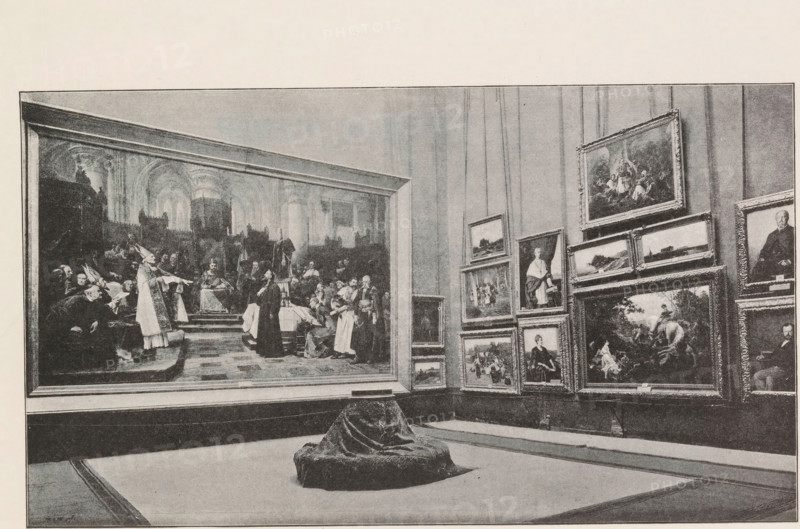 Photo reproduction of a painting depicting the celebration of Corpus Christi in Bohemia, Václav Sochor, reproduction, page, photomechanical print, Prague, cliché maker: Carl Bellmann, c. 1891 - in or before 1895, photographer, paper, autotypie, height 141 mm x width 120 mm, feast of Corpus Christi, A large gallery room with framed paintings covering the walls, including one very large historical scene on the left showing figures in robes and architectural arches, and a cluster of variously sized framed portraits and landscapes on the right arranged in a grid; a low upholstered stool draped with patterned fabric sits on the floor in the foreground, and the floor shows bordered carpeting leading toward the walls.