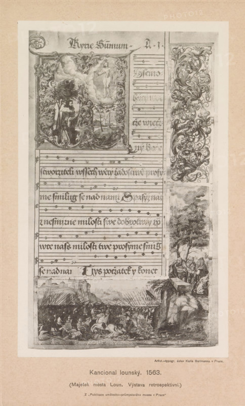 Kancional lounge. 1563, Photo reproduction of a page of a hymnal from Louný, reproduction, page, photomechanical print, Prague, cliché maker: Carl Bellmann, after drawing by anonymous, c. 1891 - in or before 1895, photographer, paper, collotype, photoprint, height 240 mm x width 150 mm, singing of psalms, hymns, decoration of printed matter, A tall vertical page with ornate black-and-white illustrations and decorative borders showing a framed scene at the top left with a standing robed figure beside a tree and a floating figure amid clouds, a central area of lined staves and ornate calligraphic lines across the page, a narrow vertical panel on the right filled with swirling foliate ornamentation and a small landscape scene with trees and seated figures near the middle right, and a wide battle scene across the lower portion depicting many mounted and foot soldiers amid rough terrain with cliffs and distant buildings, all set against a pale background with a narrow outer margin.