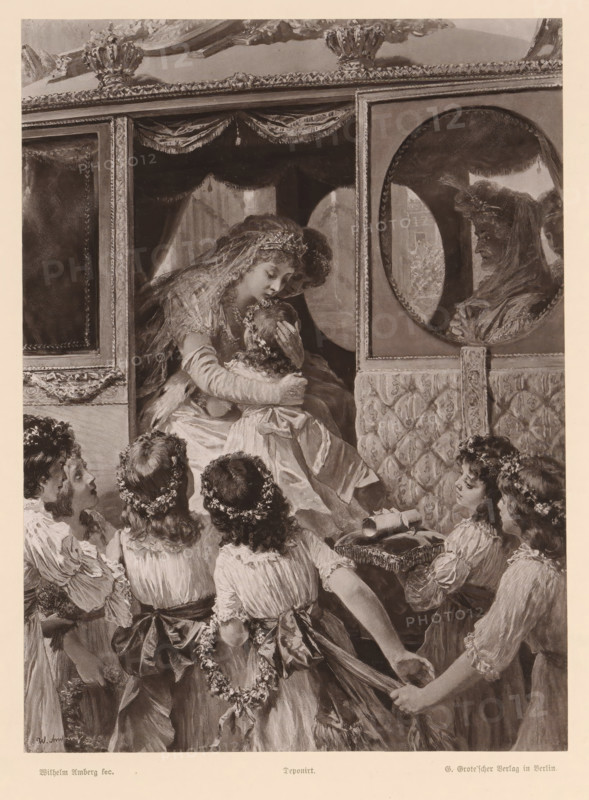 The Wedding Procession in Berlin, Photographic reproduction of a painting depicting Louise of Mecklenburg-Strelitz in a carriage during her wedding procession in Berlin with girls in front, reproduction, page, photomechanical print, after painting by Wilhelm Amberg, publisher: G.-Grote'sche Verlagsbuchhandlung, Berlin, c. 1873 - in or before 1883, Wilhelm Amberg, G.-Grote'sche Verlagsbuchhandlung, paper, collotype, photogravure, height 219 mm x width 163 mm, Person, Louise of Mecklenburg-Strelitz (Queen of Prussia), bus, coach, bride (in wedding-dress), A group of girls in dresses with ribbons and floral garlands stand and sit around an ornate carriage interior where a veiled woman in a gown holds and kisses a child, her arms wrapped around the child; the carriage features patterned upholstery, a circular window showing a reflective image of a veiled figure, decorative drapery and carved trim, and the girls display varied hairstyles and attentive expressions while one girl presents a r...