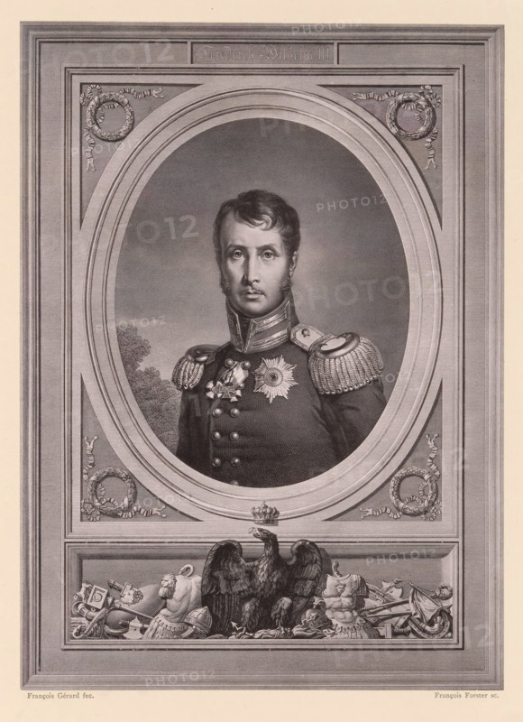 Photo reproduction of a portrait of Frederick William III of Prussia, King Friedrich Wilhelm III, reproduction, page, photomechanical print, inscription: '...leinertes facsimile des ... von 1817.', after print by François Forster, after painting by François Gérard, publisher: G.-Grote'sche Verlagsbuchhandlung, Berlin, c. 1873 - in or before 1883, François Forster, François Gérard, G.-Grote'sche Verlagsbuchhandlung, after print by, paper, collotype, light print, height 219 mm x width 159 mm, Person, Frederick William III King of Prussia, king, A monochrome engraved portrait shows a man in a military uniform framed within an ornate oval. The man faces forward with a composed expression, short wavy hair, sideburns, and a high collar decorated with braiding. His uniform features epaulettes with tassels, rows of buttons, and several medal-like ornaments on the chest including a radiating star and a cross-shaped badge. The oval portrait is set within a decorative rectangular panel with layer...