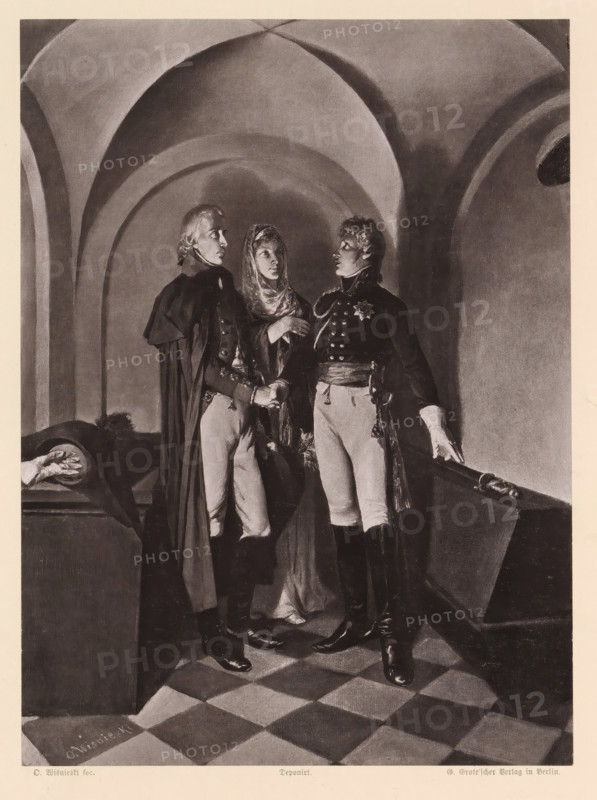 At the grave of Frederick the Great, Photoreproduction of a painting of Napoleon Bonaparte at the grave of Frederick II of Prussia, reproduction, page, photomechanical print, after painting by Oskar Wisnieski, publisher: G.-Grote'sche Verlagsbuchhandlung, Berlin, c. 1873 - in or before 1883, Oskar Wisnieski, G.-Grote'sche Verlagsbuchhandlung, paper, collotype, photogravure, height 220 mm x width 163 mm, Person, Napoleon I (Emperor of the French), Frederick II (King of Prussia), grave, tomb, A monochrome scene showing three standing figures in period clothing beneath a vaulted ceiling with rounded arches; two men wearing military-style coats, high boots, and sashes face each other while a woman between them wears a headscarf and long dress and looks toward one man, with one man holding the woman's hand and the other resting a hand on the edge of a large coffin-like box nearby, and a masked face partially visible on a reclining figure at the left, all set on a checkerboard floor and surr...