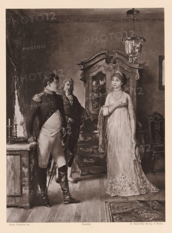 Encounter with Napoleon, Photoreproduction of a painting of a meeting between Louise of Prussia and Napoleon Bonaparte, reproduction, page, photomechanical print, after painting by Franz Skarbina, publisher: G.-Grote'sche Verlagsbuchhandlung, Berlin, c. 1873 - in or before 1883, Franz Skarbina, G.-Grote'sche Verlagsbuchhandlung, paper, collotype, photogravure, height 215 mm x width 160 mm, Person, Napoleon I (Emperor of the French), Louise of Mecklenburg-Strelitz (Queen of Prussia), interior of the house, meeting, A monochrome scene shows three people in period clothing inside a furnished room. A woman in a long gown stands to the right with one hand across her chest and a shawl draped over one arm, wearing a necklace and a headpiece. Two men stand to the left; one in a military uniform with epaulettes leans with a hand resting on a table and one leg bent, the other man behind him wears a coat and cravat and looks toward the woman. Behind them is an ornate wooden cabinet with glass pan...