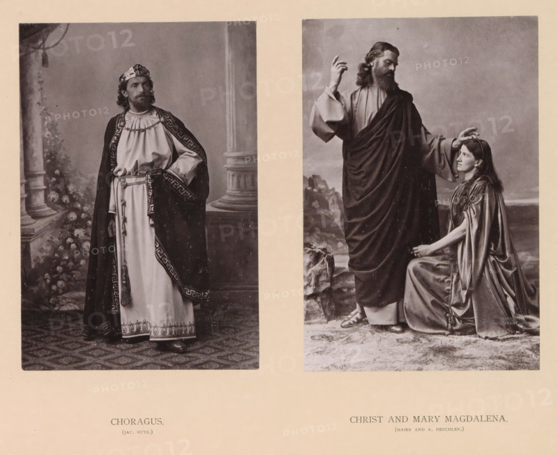 Choragus, Christ and Mary Magdalena, page, photomechanical print, inscription: 'Gemeinde Oberammergau Passionsspiel 1890', photographer: Carl Stockmann, Oberammergau, cliché maker: anonymous, c. 1885 - in or before 1890, Bavaria, paper, collotype, photoprint, height 255 mm x width 333 mm, choir, group of actors, troupe, actors on the stage, the penitent harlot Mary Magdalene, possible attributes: book (or scroll), crown, crown of thorns, crucifix, jar of ointment, mirror, musical instrument, palm branch, rosary, scourge, Christ, A sepia-toned image divided into two vertical panels shows on the left a standing man in ornate robes and a decorated cloak, wearing a crown and looking slightly to his side, with a column and floral arrangement behind him and a patterned floor beneath his feet; on the right a bearded man in draped garments stands with one hand raised and the other touching the head of a kneeling young woman who looks upward, the ground beneath them appearing rocky and a cloudy...