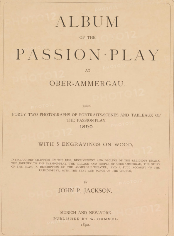 Album of the passion-play at Ober-Ammergau, book, bookplate: 'ex libris SFJ', writer (clerical worker): John P. Jackson, publisher: William Hummel, Munich, 1890, writer (clerical worker), Bavaria, pasteboard, biological material, paper, leather, printing, albumen print, collotype, woodcut, color on cut, height 345 mm x width 270 mm x thickness 60 mm, A faded beige page with a thin darker border around the edge, centered large decorative headings in dark gray ink, several lines of smaller printed lines below, a wide blank margin toward the bottom, and an overall aged, slightly speckled paper texture.