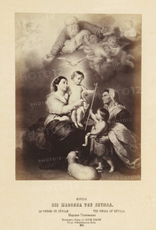Photographic reproduction of a print after a painting of the Holy Family by Bartolomé Esteban Murillo, Die Madonna von Sevilla, photograph, reproduction, page, number: '112.', photographer: Gustav Schauer, Berlin, after print by anonymous, after painting by Bartolomé Esteban Murillo, c. 1850 - in or before 1860, after print by, paper, albumen print, height 165 mm x width 124 mm, Holy Family, and derived representations, A sepia-toned painting reproduction showing a seated woman holding a naked child who is standing on her lap, a halo-like light around the child's head, a second small child standing nearby reaching toward a long staff held by the child on the woman's lap, an older veiled woman beside them looking at the children, a reclining elderly bearded man and several cherubic figures in clouds above reaching down toward a descending dove, a lamb lying on the floor in the foreground, draped cloth and soft shadows throughout the composition, and a wide blank margin around the image.