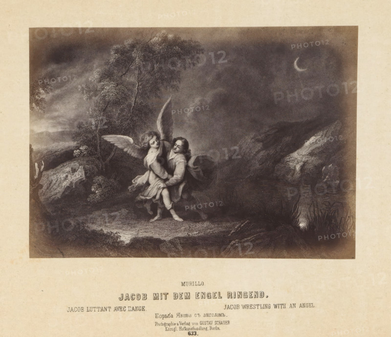 Photographic reproduction of a print after a painting of Jacob wrestling with an angel by Bartolomé Esteban Murillo, Jacob mit dem Engel ringend, photograph, reproduction, page, number: '633.', photographer: Gustav Schauer, Berlin, after print by anonymous, after painting by Bartolomé Esteban Murillo, c. 1850 - in or before 1860, after print by, paper, albumen print, albumendruk, height 119 mm x width 168 mm, Jacob wrestles with the angel (or man) till daybreak, Jacob's thigh is put out of joint, A monochrome engraving shows a nighttime rocky landscape with trees and a crescent moon in the sky, and two figures in the foreground engaged in a close physical struggle; one figure has wings and flowing hair and wears draped clothing, while the other wears a cloak and tunic and grasps the winged figure around the torso as they both brace on uneven ground near rocks and vegetation.