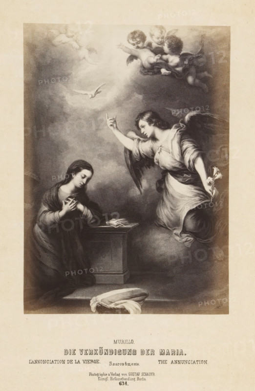 Photo reproduction of a print after a painting of the Annunciation by Bartolomé Esteban Murillo, Die verkündigung der Maria, photograph, reproduction, page, number: '634.', photographer: Gustav Schauer, Berlin, after print by anonymous, after painting by Bartolomé Esteban Murillo, c. 1850 - in or before 1860, after print by, paper, albumen print, albumendruk, height 169 mm x width 120 mm, the Annunciation: Mary sitting, A grayscale classical-style illustration showing a seated young woman with downcast eyes and folded hands beside a small rectangular lectern with an open book, facing a hovering winged figure with flowing garments who raises one hand and holds a cluster of long-stemmed flowers in the other, above them a group of three cherubic children float among clouds while another small cherub looks down, a single bird is visible in the sky area, and a folded cloth rests on the ground in front of the scene.