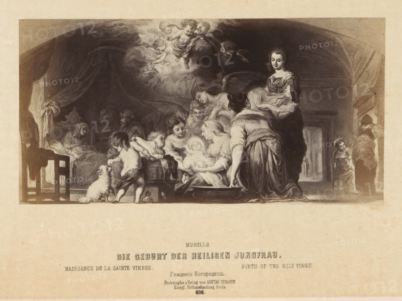 Photographic reproduction of a print after a painting of the birth of Mary by Bartolomé Esteban Murillo, Die geburt der heiligen Jungfrau, photograph, reproduction, page, number: '636.', photographer: Gustav Schauer, Berlin, after print by anonymous, after painting by Bartolomé Esteban Murillo, c. 1850 - in or before 1860, after print by, paper, albumen print, albumendruk, height 100 mm x width 198 mm, birth of Mary, A sepia-toned print shows a crowded interior scene with a group of women and children gathered around a central infant held by a seated woman, their faces turned toward the baby and expressions gentle; a kneeling woman in the foreground leans toward the infant while another woman stands with her back partly to the viewer, draped garments and flowing fabrics forming soft folds; cherubic figures hover above in a clouded area, reaching downward; to the left a child stands near a small table and a dog looks up, while a seated older woman rests beside draped curtains and a high...
