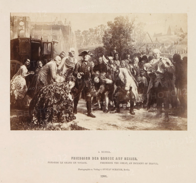 Photographic reproduction of a painting of Frederick the Great in front of a carriage by Adolf Menzel, Friedrich der Grosse auf Reisen, photograph, reproduction, page, number: '1201.', photographer: Gustav Schauer, Berlin, after painting by Adolph Menzel, c. 1858 - in or before 1868, paper, albumen print, height 122 mm x width 184 mm, Person, Frederick II (King of Prussia), 'en route', traveller under way, traffic on land, A sepia-toned print showing a crowded outdoor scene with a group of people dressed in historical clothing gathered around a central figure wearing a tricorne hat and a dark coat, surrounded by men in varied coats and breeches, women in dresses and shawls, and children; a woman in a patterned dress is bent forward at the left foreground, a carriage with a partially visible wheel and door sits at the left edge, and scaffolding and construction structures appear behind the crowd; trees and a hilly landscape occupy the middle background, while more timber frames and dist...