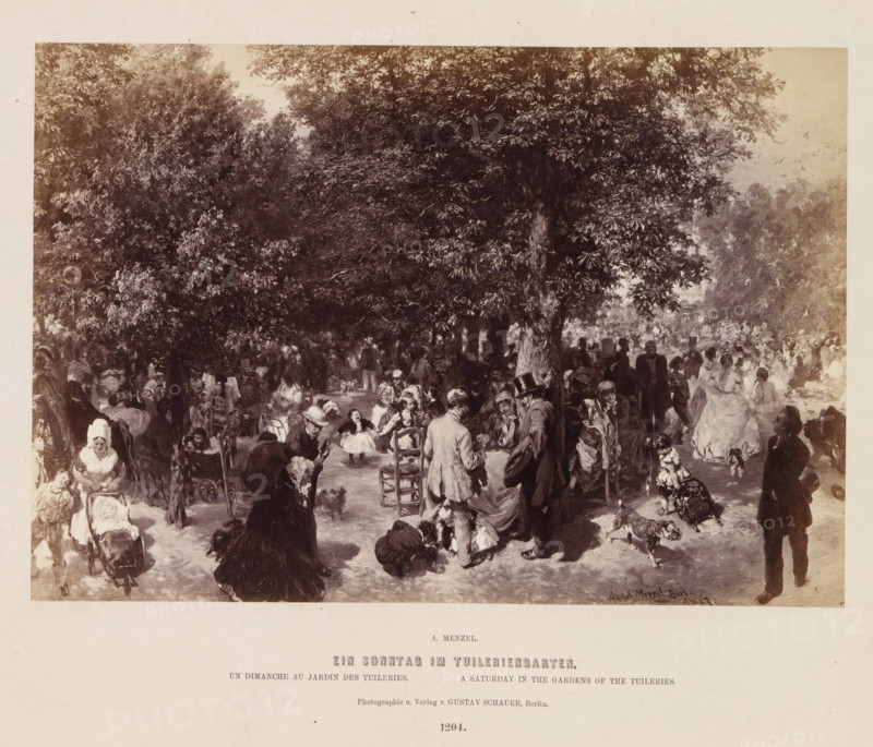 A Sunday in the Tuileries Garden, Photographic reproduction of a painting of the Jardin des Tuileries with people by Adolf Menzel, photograph, reproduction, page, number: '1204.', photographer: Gustav Schauer, Berlin, after painting by Adolph Menzel, c. 1858 - in or before 1868, paper, albumen print, height 158 mm x width 229 mm, public gardens, park, Paris, Jardin des Tuileries, A sepia-toned scene shows a crowded outdoor gathering beneath large leafy trees, with groups of people sitting on chairs and standing along a shaded pathway; women in long dresses and men in coats and hats mingle, some seated at tables, others pushing prams or holding children, while small dogs wander among them; dappled light filters through the dense foliage overhead, and the composition extends from a shaded foreground toward a lighter, more open background where more figures are visible.