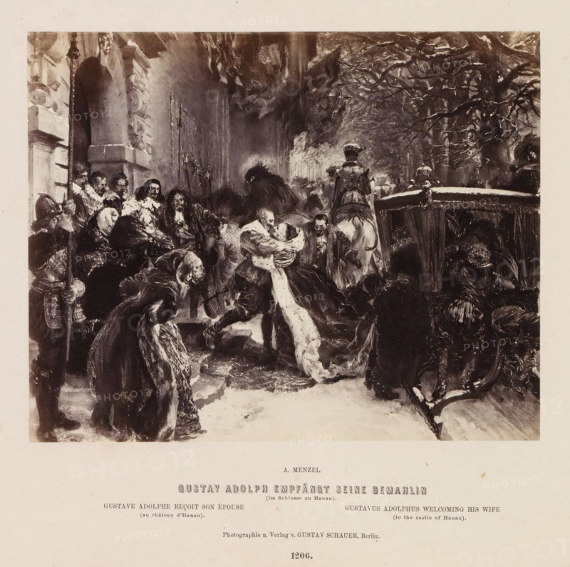 Gustav Adolph receives his wife, Photographic reproduction of a painting of Gustav II Adolf receiving his wife by Adolf Menzel, photograph, reproduction, page, number: '1206.', photographer: Gustav Schauer, Berlin, after painting by Adolph Menzel, c. 1858 - in or before 1868, paper, albumen print, height 140 mm x width 174 mm, Person, Gustav II Adolf (King of Sweden), ruler, sovereign, lovers' meeting, A sepia-toned print depicting a crowded scene with many figures gathered around a central couple, several individuals wearing cloaks and fur-trimmed garments, a person on horseback seen from behind, ornate architectural columns and archways to the left, leafless tree branches extending across the upper right, a raised platform or carriage edged with decorative railings on the right, clustered groups of men with beards and varied headwear, a figure in the foreground wearing a long fur-trimmed robe with a trailing border, heavy shadowing and painterly brushwork throughout, and a plain bord...