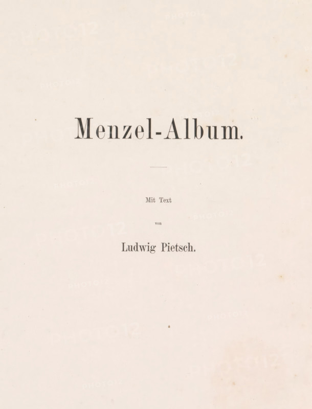 Menzel-Album, book, writer (clerical worker): Ludwig Pietsch, 1868, writer (clerical worker), textile materials, pasteboard, paper, linen (material), albumen print, color on cut, height 335 mm x width 260 mm x thickness 15 mm, A pale, slightly textured page with a centered bold title near the top, a small horizontal line beneath it, and several lines of smaller type arranged vertically below, all printed in dark ink on an off-white background with faint age spots and small speckles scattered across the surface.