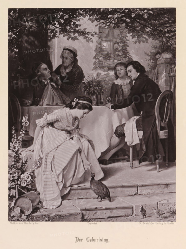 The Birthday, Photographic reproduction of a painting of people at a table and a girl reaching out her hand to a bird with young, reproduction, page, photomechanical print, maker: G.-Grote'sche Verlagsbuchhandlung, after painting by Arthur Georg von Ramberg, c. 1874 - in or before 1884, G.-Grote'sche Verlagsbuchhandlung, Arthur Georg von Ramberg, photographer, after painting by, paper, collotype, photogravure, height 201 mm x width 158 mm, birds, table, A grayscale scene shows a group of people gathered outdoors under leafy branches beside a building wall with a window framed by climbing vines. A seated older man with a cloth tucked at his neck looks up at an older woman standing beside him who rests a hand on his shoulder. A young woman in a striped dress and headband leans forward from the steps, reaching toward a bird on the ground, while a man seated at a table leans slightly forward with one hand on the table and the other resting on a chair back. Another young person stands near ...