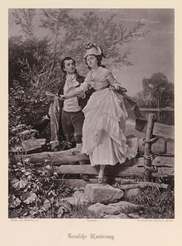 Trauliche Wanderung, Photo reproduction of a painting of a young man and woman passing a wooden gate, reproduction, page, photomechanical print, maker: G.-Grote'sche Verlagsbuchhandlung, after painting by Arthur Georg von Ramberg, c. 1874 - in or before 1884, G.-Grote'sche Verlagsbuchhandlung, Arthur Georg von Ramberg, photographer, after painting by, paper, collotype, photoprint, height 201 mm x width 158 mm, fence, wall, eel, adolescent, young woman, maiden, youth, strolling, A monochrome illustration shows a young man and woman standing on a rustic wooden fence beside a body of water, surrounded by foliage and trees. The woman wears a layered, ruffled dress and a bonnet with ribbon and flower details, and she holds up part of her skirt with one hand while the other is lightly held by the man. The man is dressed in formal attire with a jacket and cravat, one hand extending toward the woman and the other resting on the fence. Tall leafy branches arch behind them, and plants and flower...