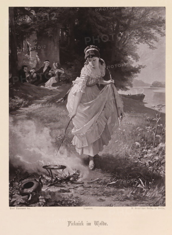 Photographic reproduction of a painting of a woman by a campfire and a group under a tree, Picnic in the Forest, reproduction, page, photomechanical print, maker: G.-Grote'sche Verlagsbuchhandlung, after painting by Paul Thumann, c. 1878 - in or before 1884, G.-Grote'sche Verlagsbuchhandlung, Paul Thumann, photographer, after painting by, paper, collotype, photogravure, height 201 mm x width 157 mm, adolescent, young woman, maiden, open fire (in general), A young woman in a layered dress and headband stands by a riverside, lifting part of her skirt with one hand and holding a long walking stick in the other, her gaze directed downward; nearby a small fire burns with a kettle and a tripod over it, smoke rising; behind her, a group of three seated figures recline against trees in a shaded wooded area; a boat rests at the water's edge and distant trees and hills line the far shore; grasses, wildflowers, and leafy undergrowth surround the scene and tall trees form a canopy above.