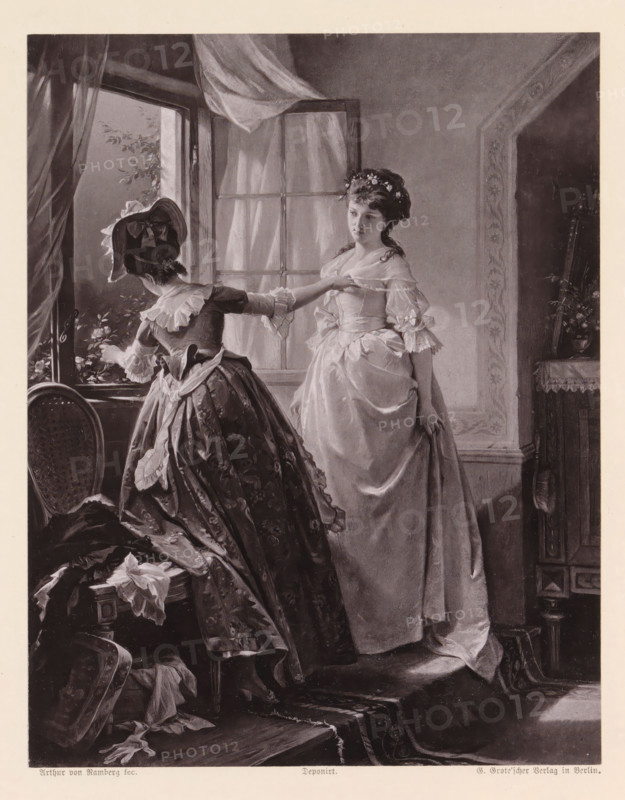 Photo reproduction of a painting of a bride being dressed by another woman, Brautschmückung, reproduction, page, photomechanical print, maker: G.-Grote'sche Verlagsbuchhandlung, after painting by Arthur Georg von Ramberg, c. 1874 - in or before 1884, G.-Grote'sche Verlagsbuchhandlung, Arthur Georg von Ramberg, photographer, after painting by, paper, collotype, photoprint, height 201 mm x width 158 mm, dressing the bride, A grayscale image shows an interior scene with two women in period dresses near a window with flowing curtains; one woman stands facing slightly toward the viewer wearing a light-colored gown with ruffled sleeves and a floral headpiece, her hand resting on the bodice and the other hand hanging by her side, while the other woman, seen from behind and turned toward the open window, wears a darker patterned skirt with a fitted bodice and a bonnet adorned with ribbons and bows, her arm extended toward the windowsill where small flowers are visible; a carved chair and drape...