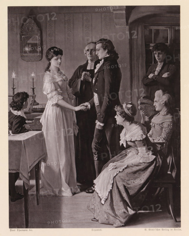 Die Trauung, Photo reproduction of a painting of a wedding ceremony, reproduction, page, photomechanical print, maker: G.-Grote'sche Verlagsbuchhandlung, after painting by Paul Thumann, c. 1874 - in or before 1884, G.-Grote'sche Verlagsbuchhandlung, Paul Thumann, photographer, after painting by, paper, collotype, photoprint, height 201 mm x width 155 mm, (civil) marriage ceremonies, A group of people in period clothing stand and sit inside a room with patterned wallpaper and a curtained window; a young woman in a light flowing dress and floral headpiece stands holding hands with a young man in a dark tailored coat and ruffled shirt while an older man in clerical robes stands behind them with clasped hands; a seated young woman in a dress with ruffled collar and a ribbon in her hair looks toward the standing couple while another woman beside her covers her face with one hand and a woman with powdered hair and elaborate gown sits looking ahead; a child at a small table or piano with a ru...