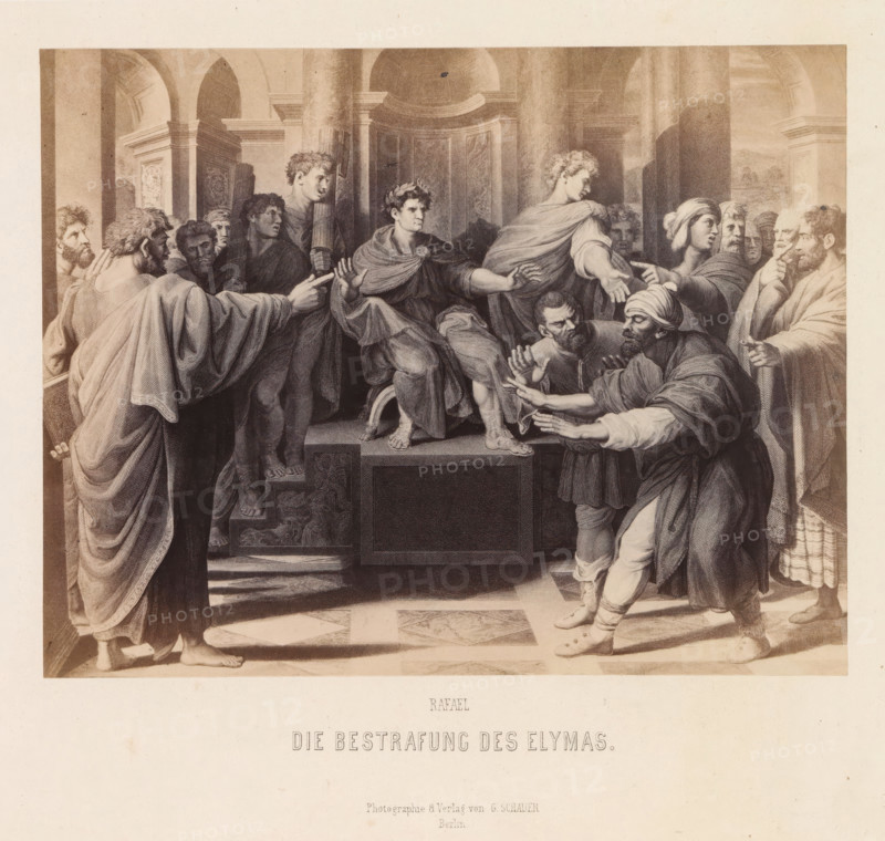 Rafael, The Punishment of Elymas, Photographic reproduction of a print after a cartoon for a tapestry by Raphael, depicting Elymas struck blind, photograph, reproduction, page, photographer: Gustav Schauer, Berlin, after print by anonymous, after drawing by Raphael, c. 1851 - in or before 1861, after print by, paper, albumen print, height 138 mm x width 176 mm, the sorcerer Elymas (Elymes, Bar-Jesus), who tries to prevent Paul and Barnabas from speaking, is struck blind by Paul, A large sepia-toned engraving shows a group of robed men gathered in an architectural interior with columns and arches; a central seated figure wearing a cloak and a laurel crown raises his hands while several standing men around him gesture with outstretched arms and pointed fingers, some with expressive faces turned toward each other; to the right, two men in head coverings lean forward with hands raised in pleading or protest while another man behind them touches his chin; to the left, cloaked figures stand ...