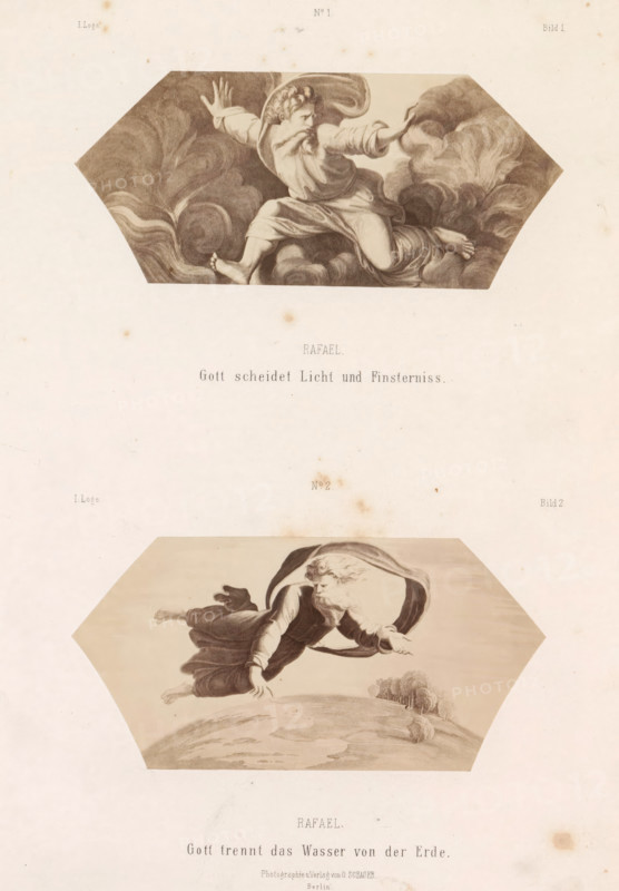 Photo reproductions of prints after frescoes depicting God by Raphael for the loggias in the Vatican, Raphael, God separates light and darkness. God separates the water from the earth, photograph, reproduction, page, number: 'Image 1. Image 2. I. Loge', photographer: Gustav Schauer, Berlin, after print by anonymous, c. 1851 - in or before 1861, after print by, paper, albumen print, height 325 mm x width 245 mm, division of light and darkness, creation of the firmament and division of the waters above and below it, A faded sheet showing two hexagonal sepia-toned illustrations stacked vertically, each depicting a robed bearded figure floating among swirling clouds in dynamic poses, with the upper figure extending an arm outward and legs bent, surrounded by billowing smoke-like forms, and the lower figure also reaching outward above a curved landscape with a few small trees, both illustrations set against a pale, slightly stained background.